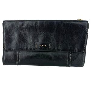 Fossil Folding Wallet Black Leather ID Window Credit Card Coin Zip Pocket